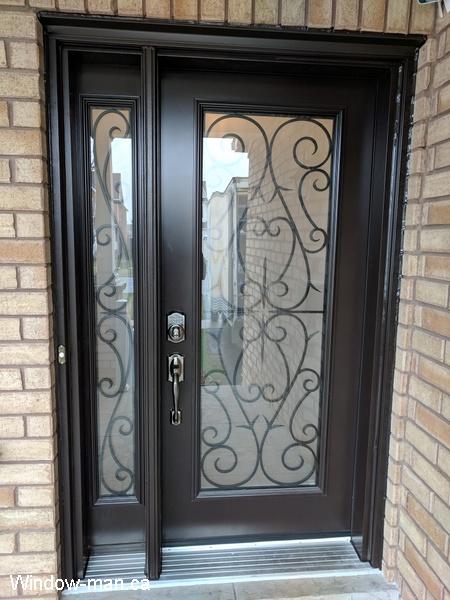 Single entry insulated steel exterior front door with side lite. Brown door. Bristol classic iron door glass